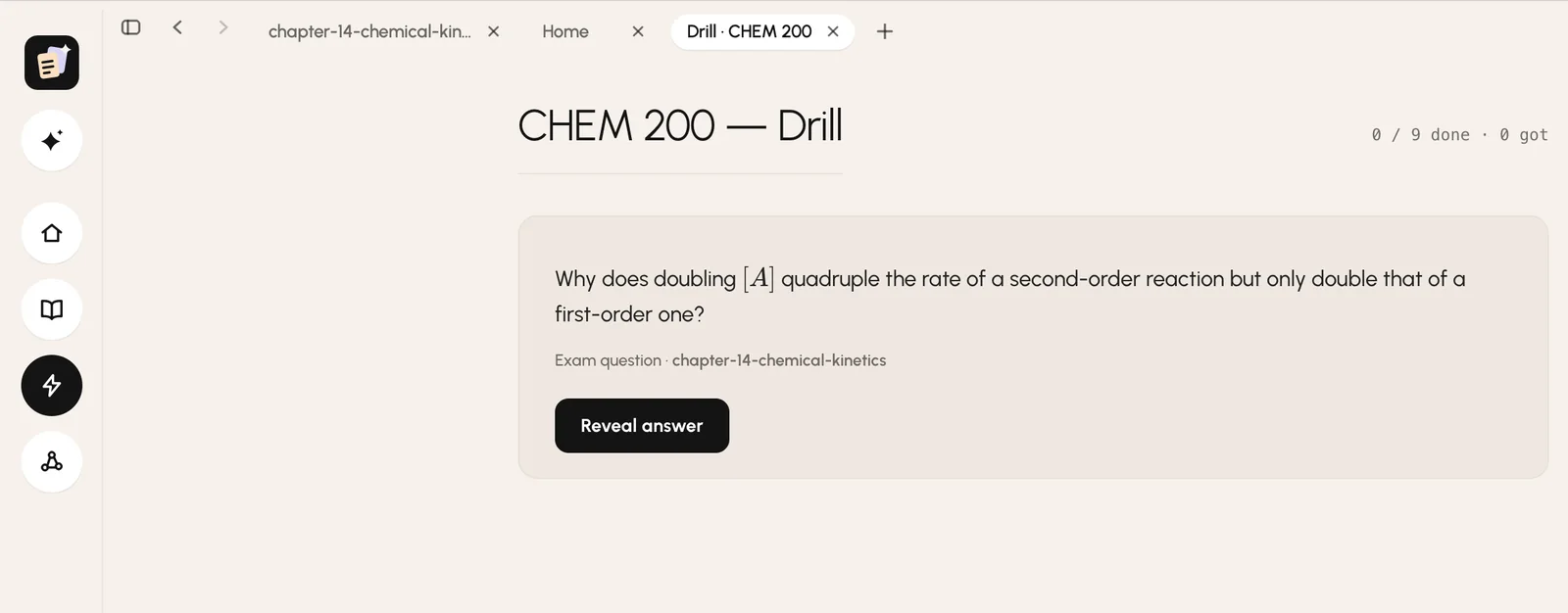 A drill deck: one exam question from a chemistry note with a Reveal answer button, 0 of 9 done.