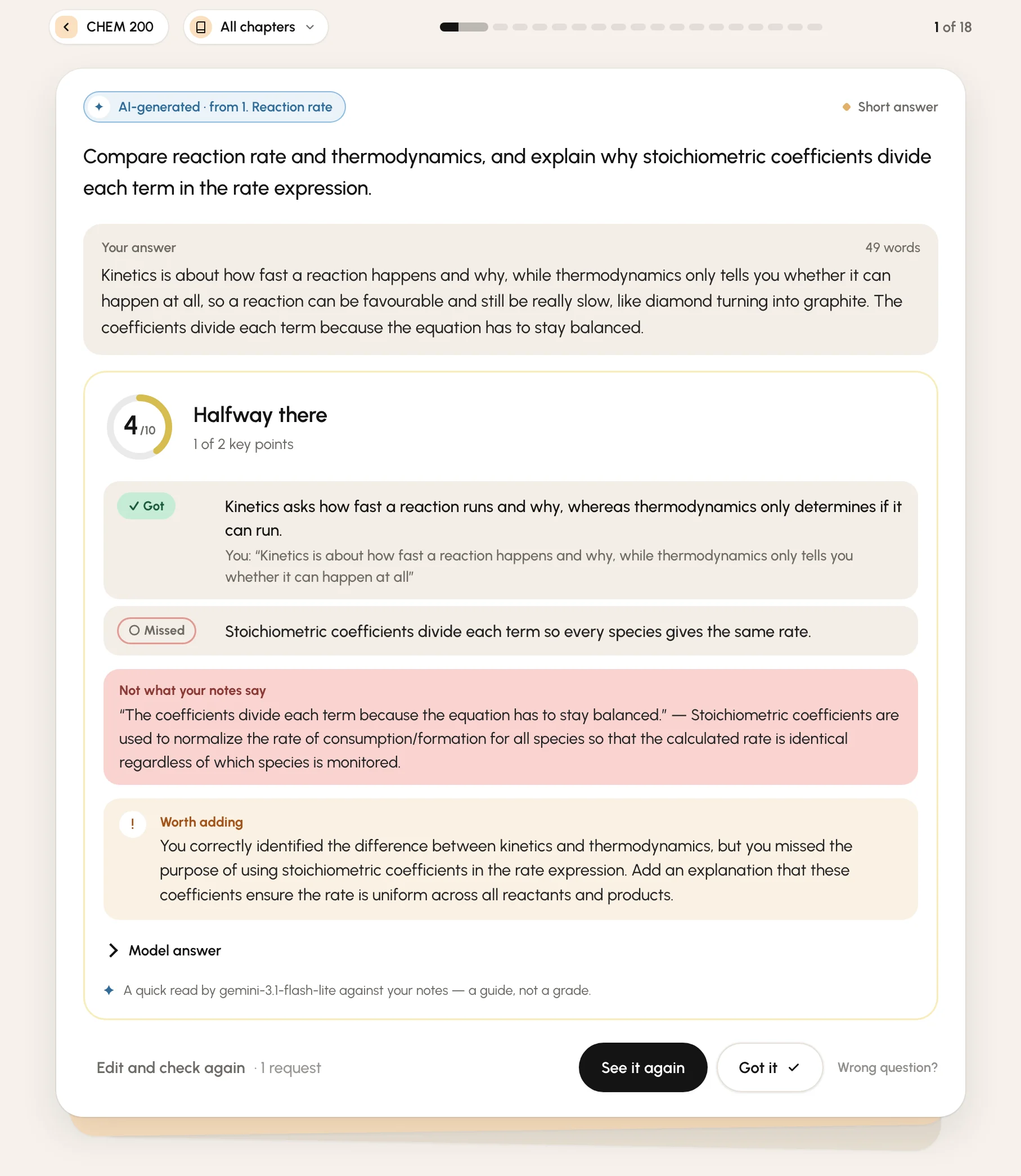 A short answer checked against the notes: scored 4 out of 10, one key point got with the student's own words quoted, one missed, a sentence the notes contradict next to what they say, and what to add.