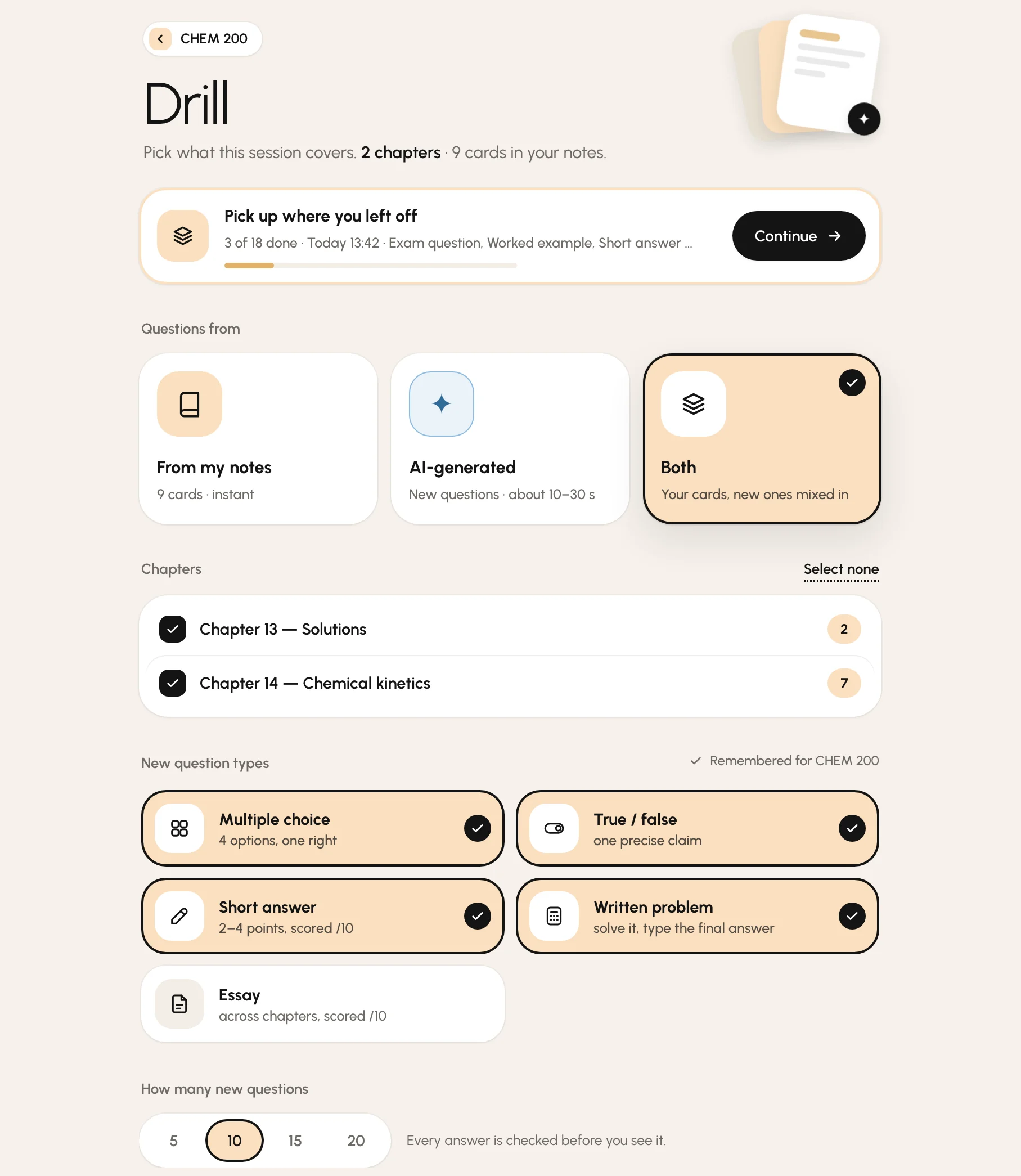 Drill's page for a chemistry course: a quiz left halfway, 3 of 18 done, with a Continue button; where the questions come from (my notes, AI-generated or both); the chapters; the question types; and how many new questions.