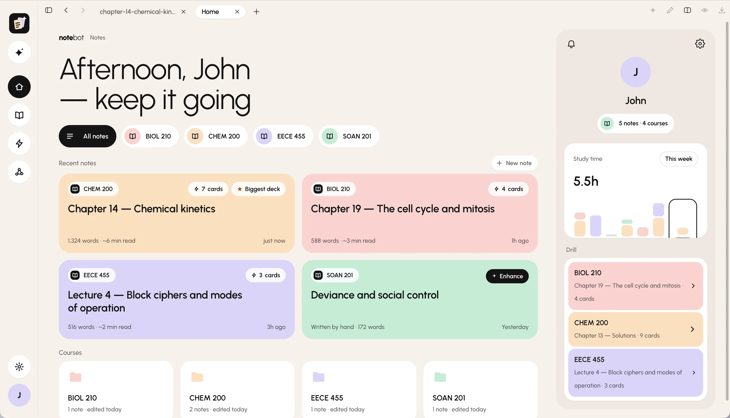 Notebot's home screen: a greeting, course chips, recent notes as pastel cards, and this week's study time.