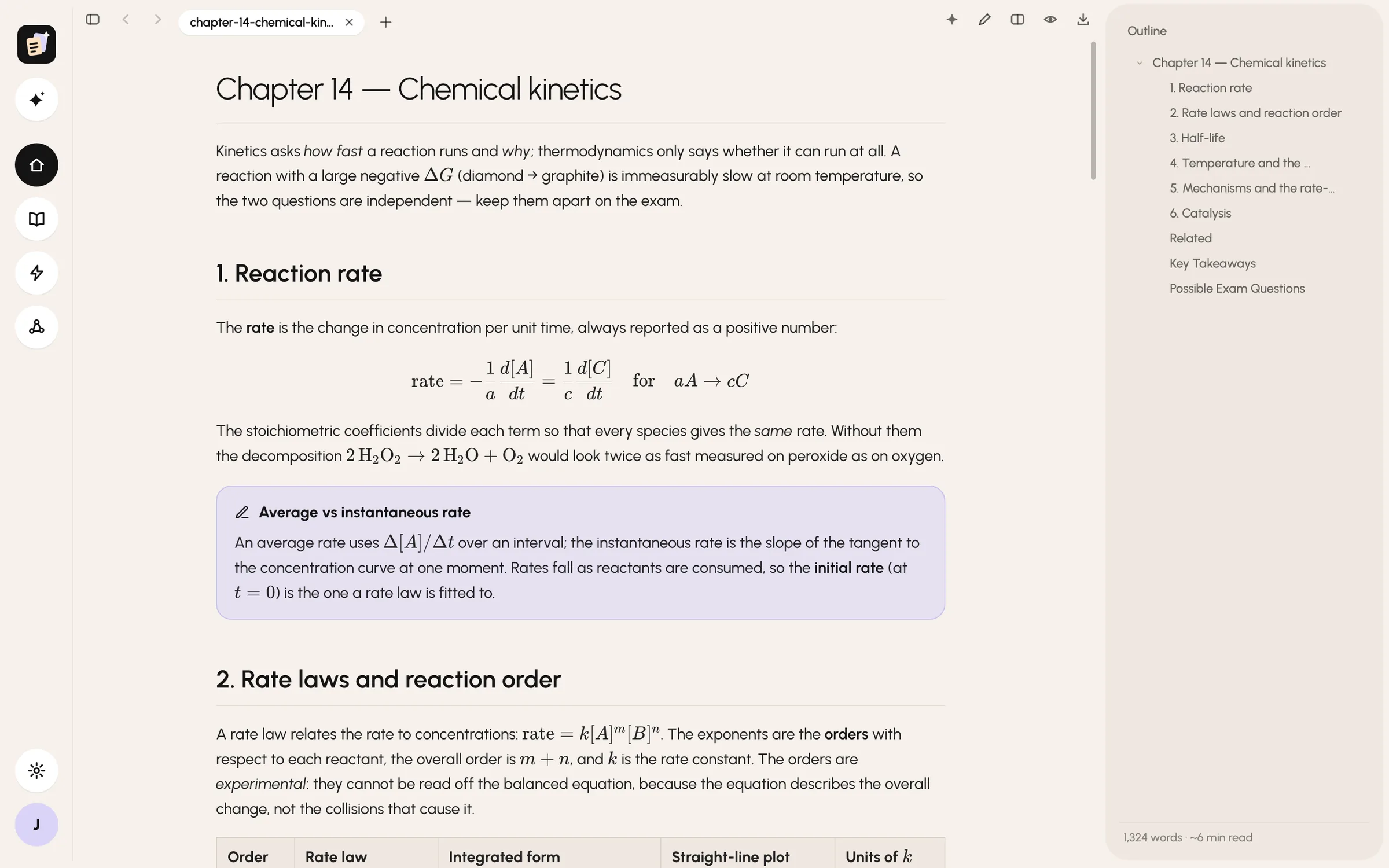 A note in Notebot: Chapter 14, Chemical kinetics. An overview, a section on reaction rate with its formula, a callout on average and instantaneous rate, the rate-law table starting, and the note's outline beside it.