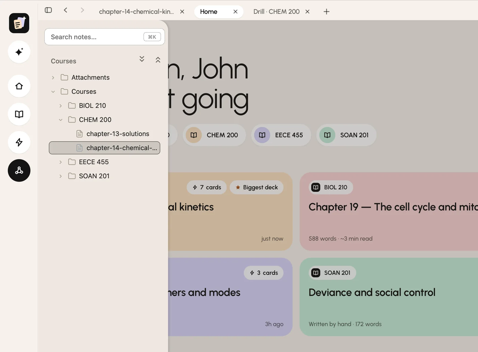 The library drawer open over the home screen: the vault's course folders and notes as a tree.